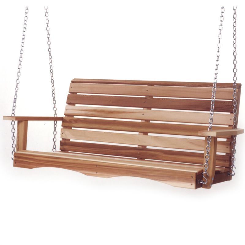 A classic cedar porch swing set up for a relaxing afternoon nap on a covered porch