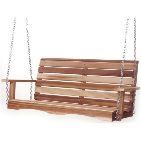 A cedar wood porch swing hanging from chains, the kind of hardware connection that can develop a squeak over time