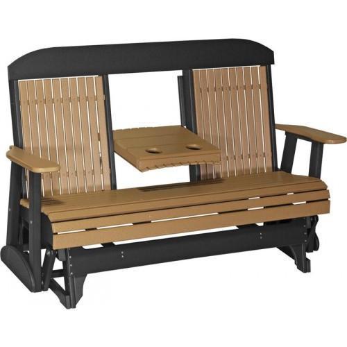 LuxCraft 5 ft. recycled plastic highback outdoor glider in cedar on black, a full-size two-seat porch glider
