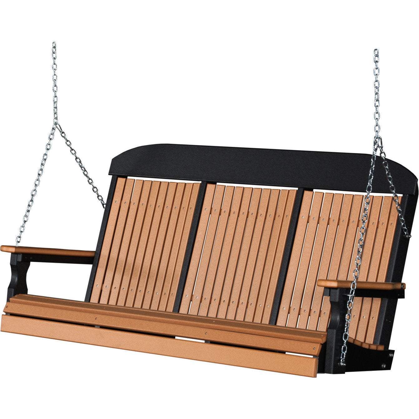 LuxCraft Classic Highback recycled poly lumber porch swing, an easy-to-clean option for regular outdoor maintenance