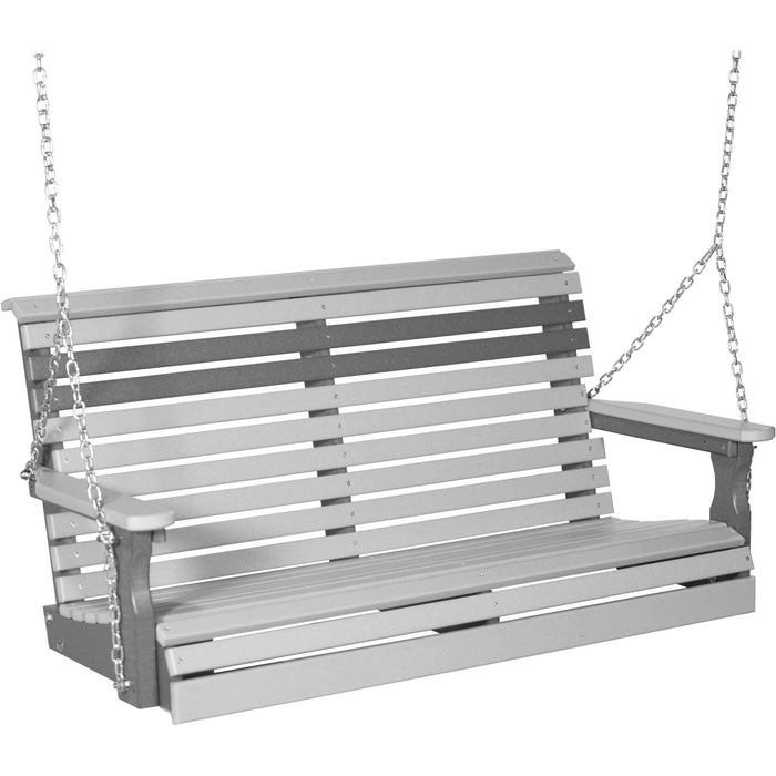 LuxCraft Rollback porch swing on a cedar porch, a good base for adding cushions and throw pillows