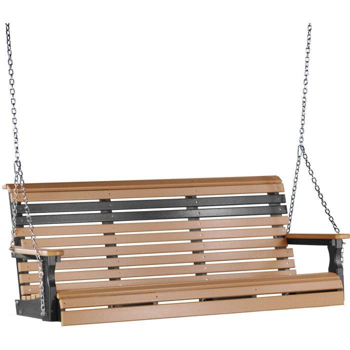 LuxCraft Rollback 5 ft. recycled plastic porch swing in cedar on black, a quiet spot for fall birdwatching