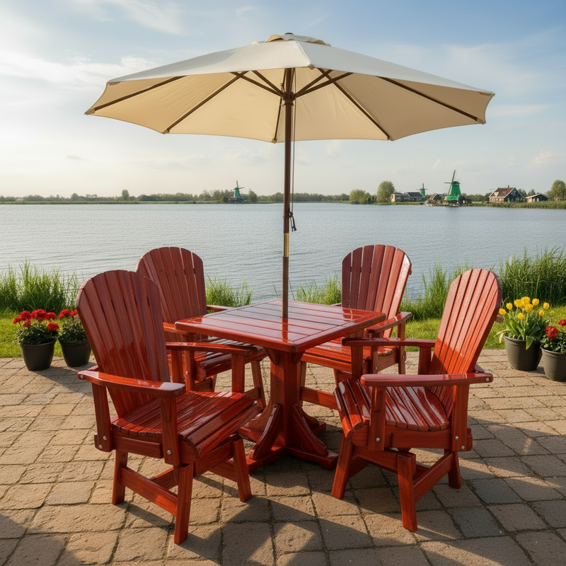Dining Set for 4 with Pedestal Table in Clear Cedar, Mahogany Glossy