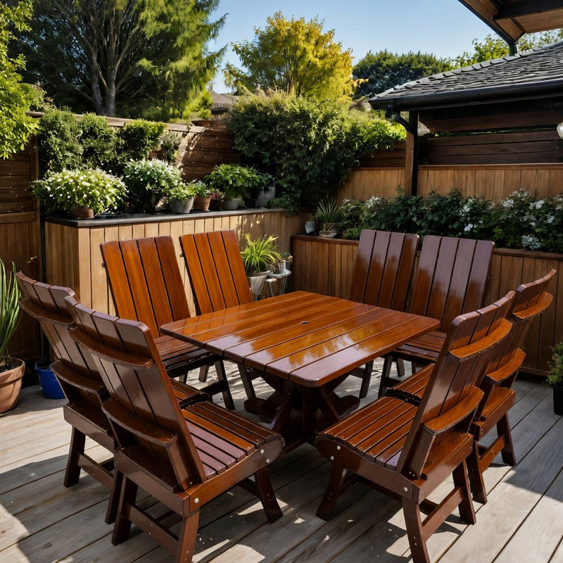 Wooden Modern Dining Set for 8 with Pedestal Table in Clear Cedar, Caramel Glossy