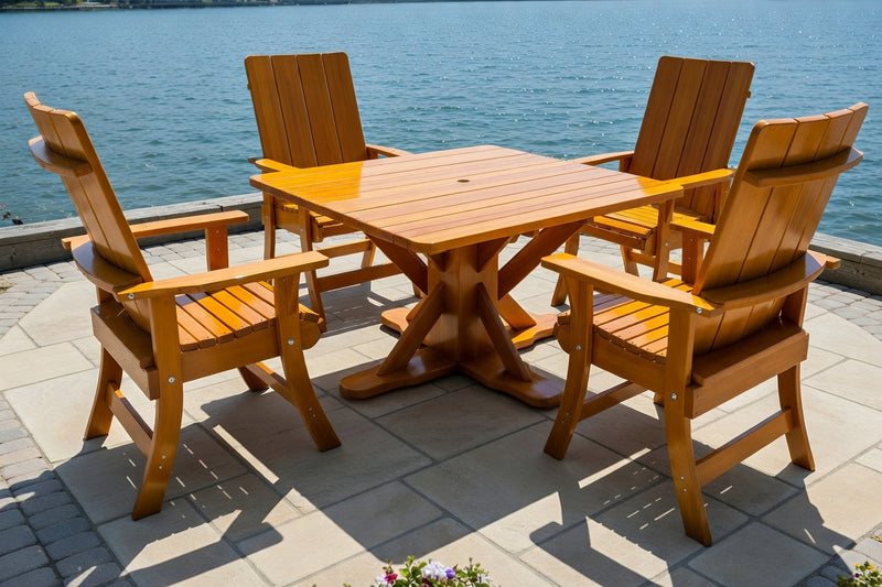 Wooden Modern Dining Set for 4 with Pedestal Table in Clear Cedar, Golden Glossy