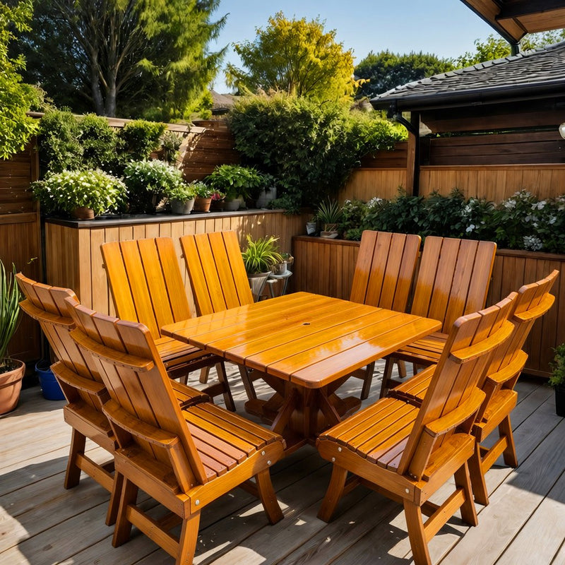 Wooden Modern Dining Set for 8 with Pedestal Table in Clear Cedar, Golden Glossy