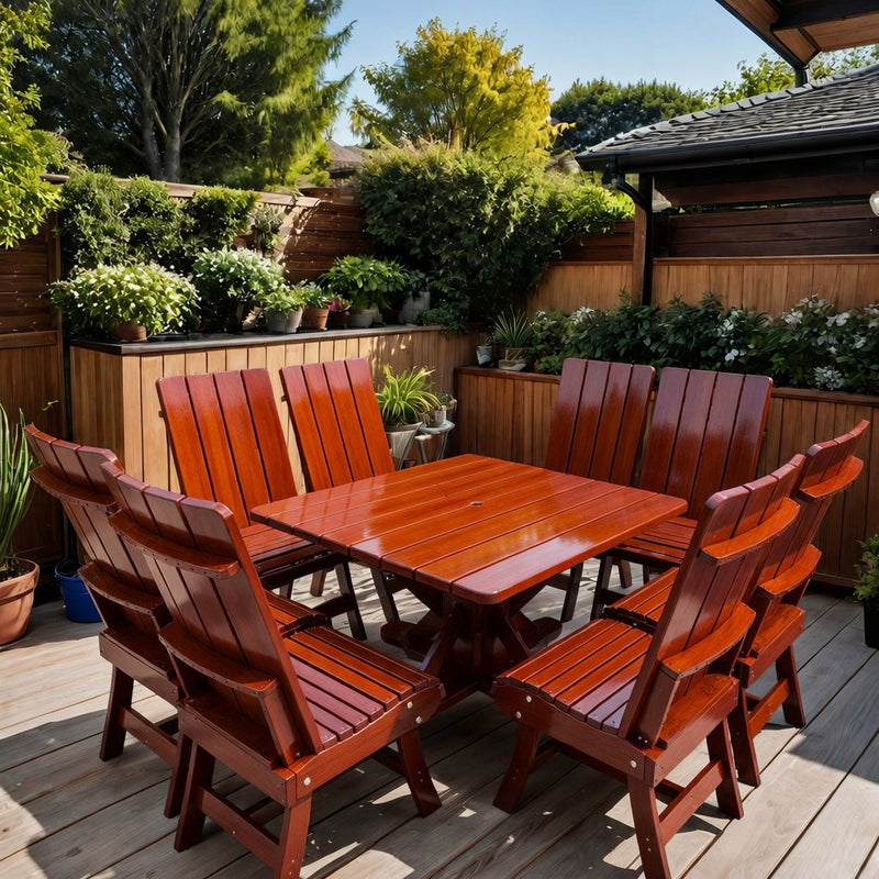 Wooden Modern Dining Set for 8 with Pedestal Table in Clear Cedar, Mahogany Glossy