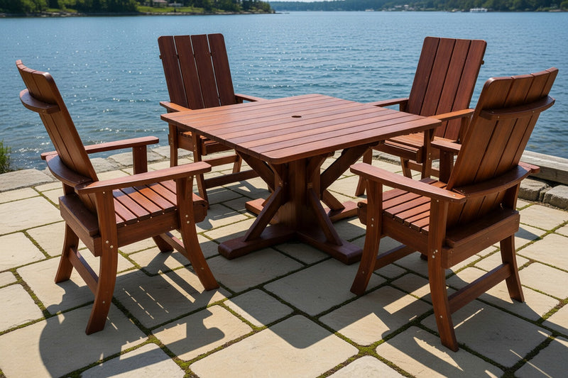 Wooden Modern Dining Set for 4 with Pedestal Table in Brazilian Walnut (IPE), Oiled Fully Assembled