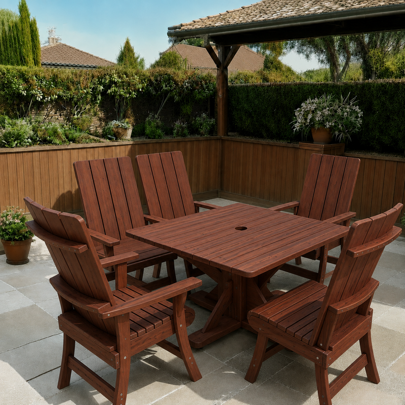Wooden Modern Dining Set for 6 with Pedestal Table in Brazilian Walnut (IPE), Oiled Fully Assembled