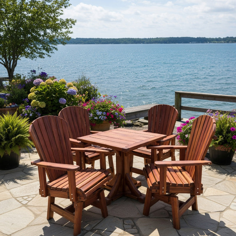 Dining Set for 4 with Pedestal Table in Brazilian Walnut (IPE), Oiled Fully Assembled