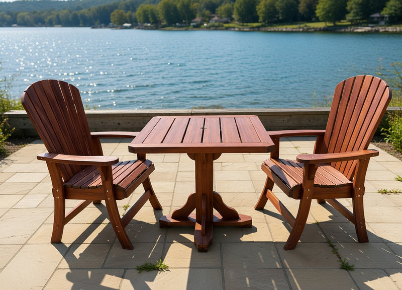 Dining Set for 2 with Pedestal Table in Brazilian Walnut (IPE), Oiled Fully Assembled