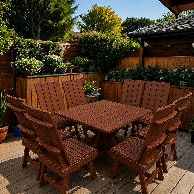 Wooden Modern Dining Set for 8 with Pedestal Table in Brazilian Walnut (IPE), Oiled Fully Assembled