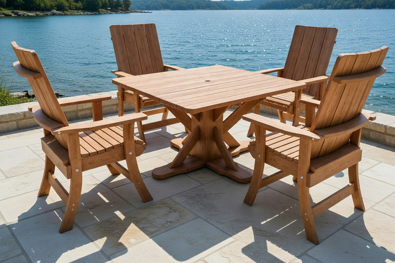 Wooden Modern Dining Set for 4 with Pedestal Table in Brazilian Walnut (IPE), Unoiled Fully Assembled