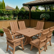 Wooden Modern Dining Set for 6 with Pedestal Table in Brazilian Walnut (IPE), Unoiled Fully Assembled