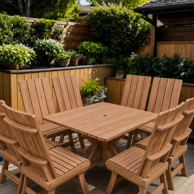 Wooden Modern Dining Set for 8 with Pedestal Table in Brazilian Walnut (IPE), Unoiled Fully Assembled