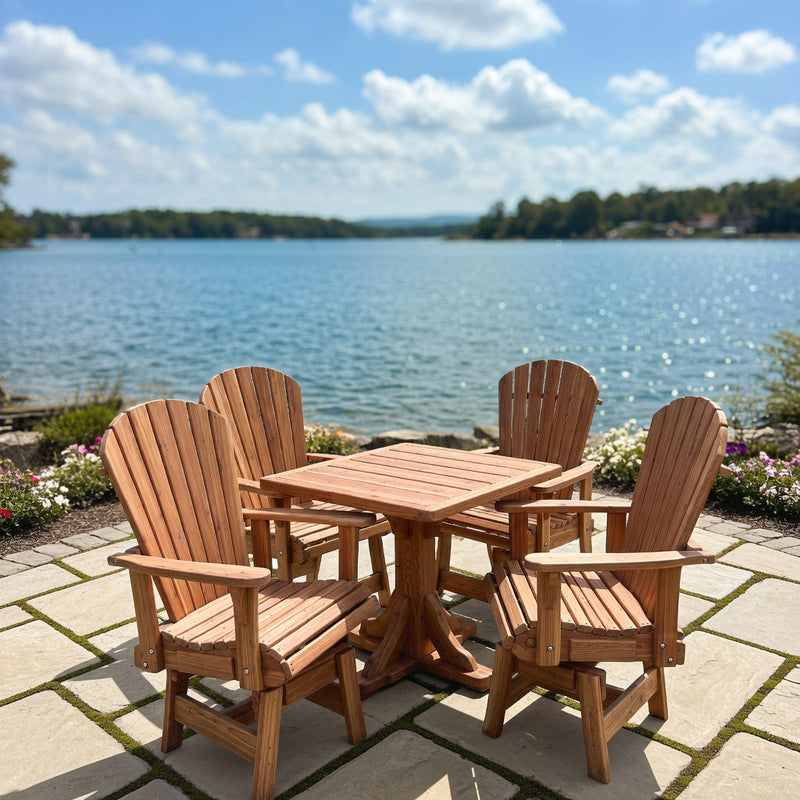 Dining Set for 4 with Pedestal Table in Brazilian Walnut (IPE), Unoiled Fully Assembled