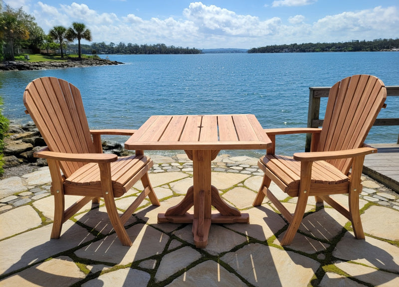 Dining Set for 2 with Pedestal Table in Brazilian Walnut (IPE), Unoiled Fully Assembled