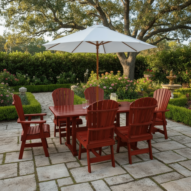 Dining Set for 6 with 6' Trestle Table in Knotted Cedar, Mahogany Glossy