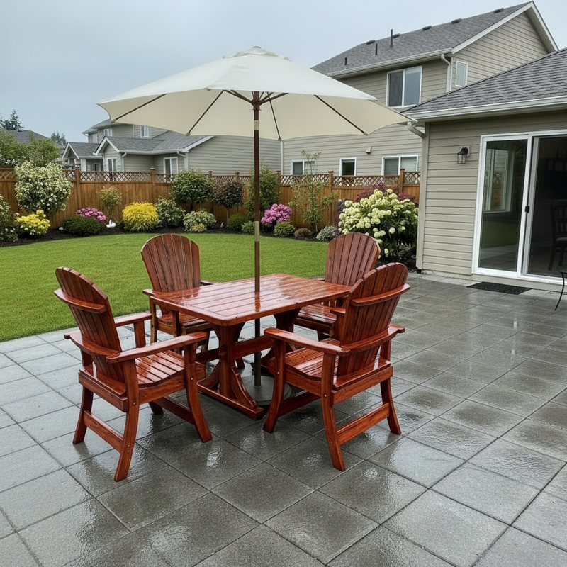 Dining Set for 4 with 4' Trestle Table in Knotted Cedar, Mahogany Glossy