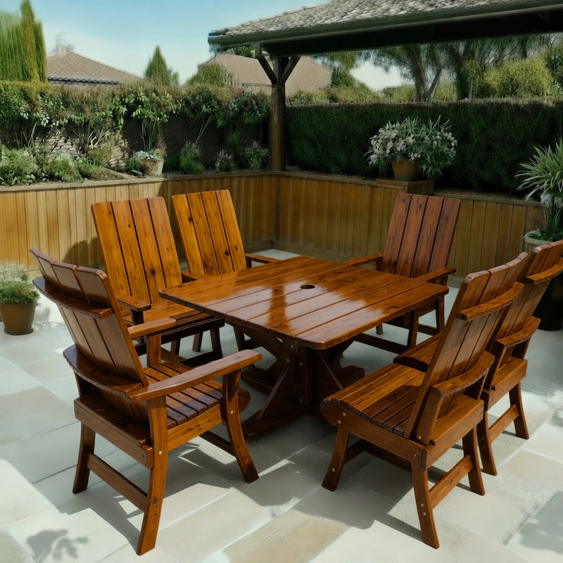 Wooden Modern Dining Set for 6 with Pedestal Table in Knotted Cedar, Caramel