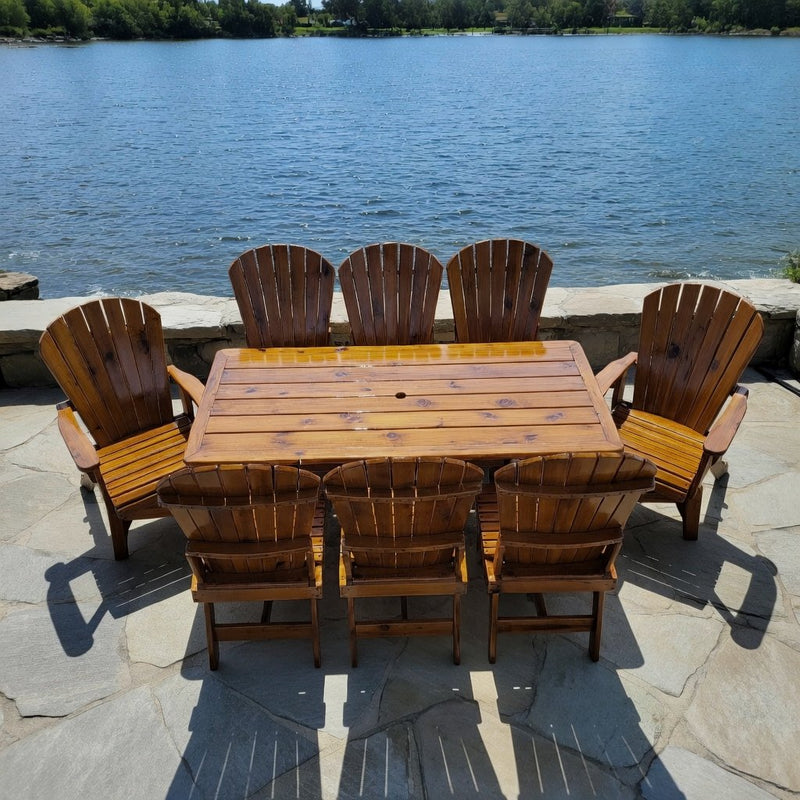 Dining Set for 6 with 6' Trestle Table in Knotted Cedar, Caramel Glossy