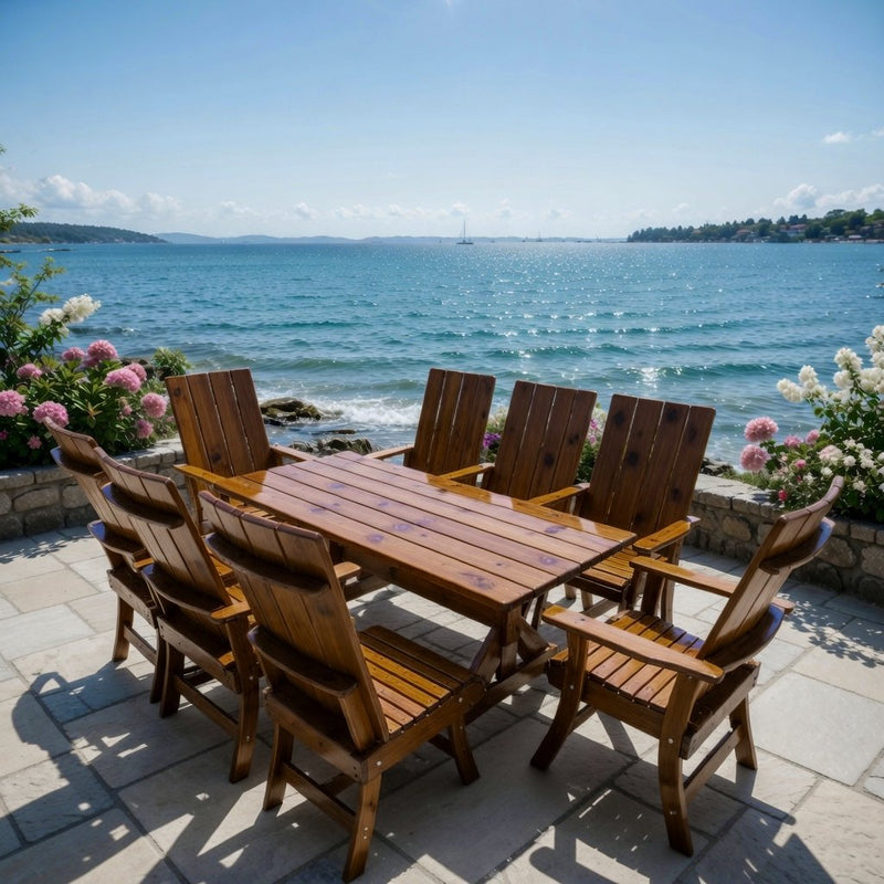 Wooden Modern Dining Set for 8 with 6' Table in Knotted Cedar, Caramel