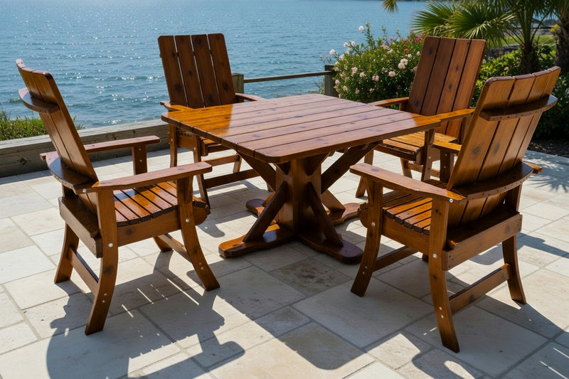 Wooden Modern Dining Set for 4 with Pedestal Table in Knotted Cedar, Caramel