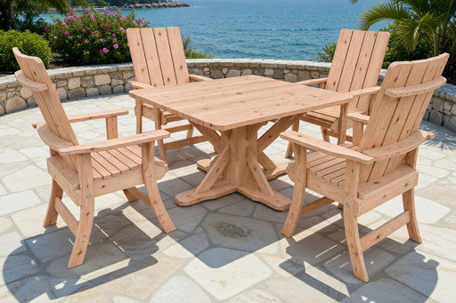 Wooden Modern Dining Set for 4 with Pedestal Table in Knotted Cedar, Unstained