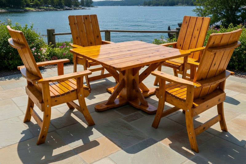 Wooden Modern Dining Set for 4 with Pedestal Table in Knotted Cedar, Golden Glossy