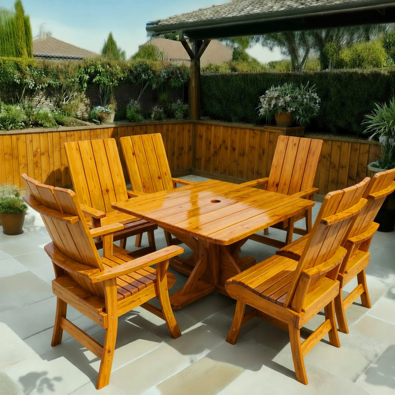 Wooden Modern Dining Set for 6 with Pedestal Table in Knotted Cedar, Golden Glossy
