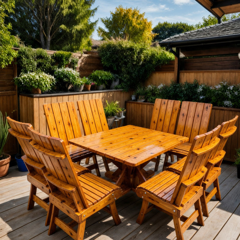 Wooden Modern Dining Set for 8 with Pedestal Table in Knotted Cedar, Golden Glossy