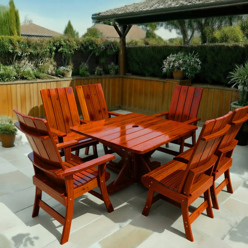 Wooden Modern Dining Set for 6 with Pedestal Table in Knotted Cedar, Mahogany Glossy