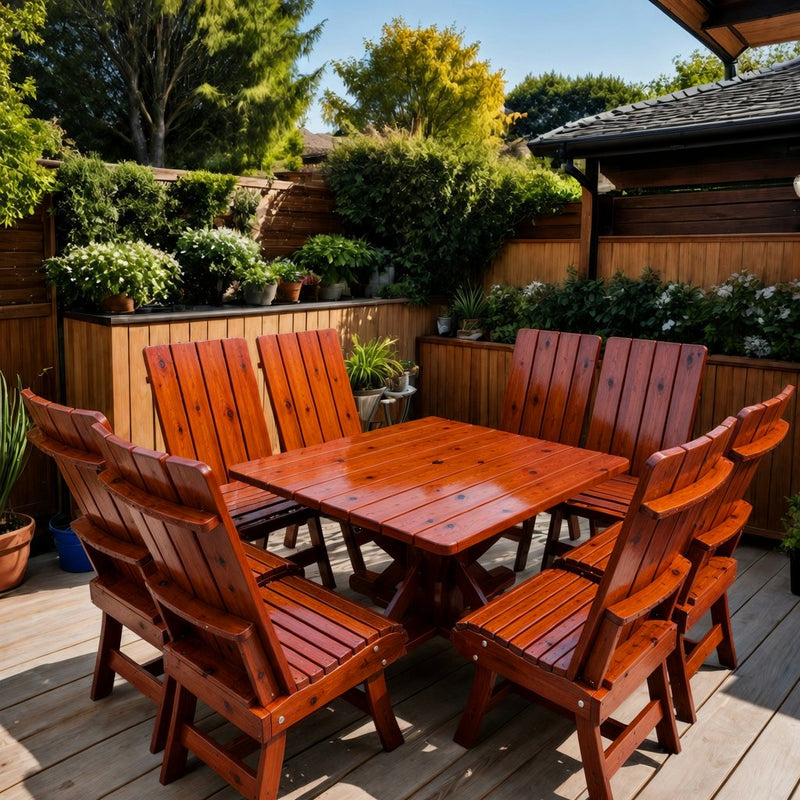 Wooden Modern Dining Set for 8 with Pedestal Table in Knotted Cedar, Mahogany Glossy