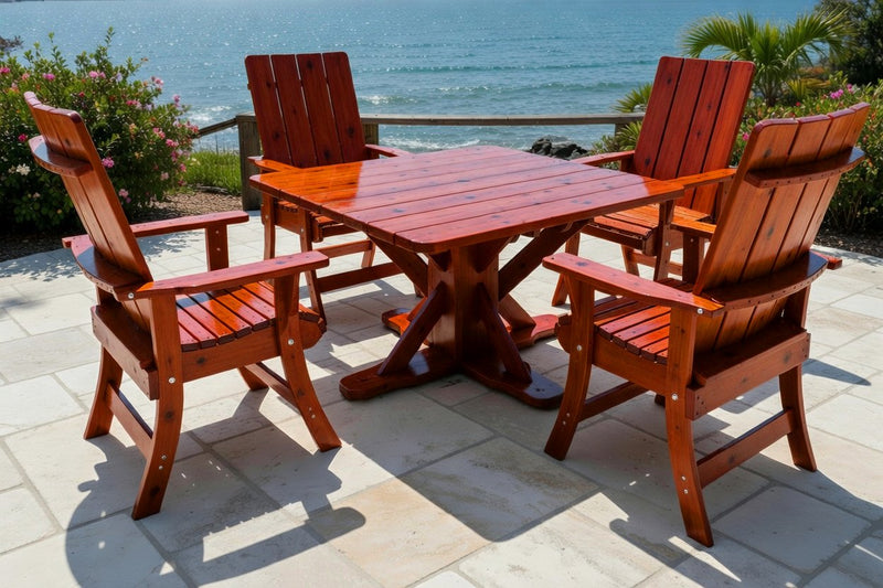 Wooden Modern Dining Set for 4 with Pedestal Table in Knotted Cedar, Mahogany Glossy