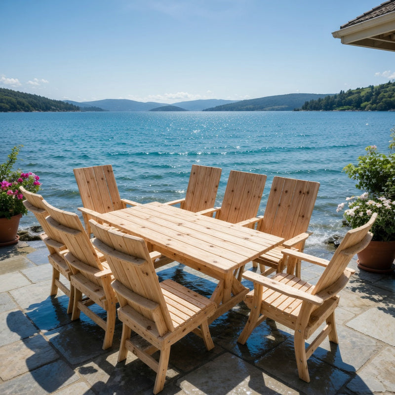 Wooden Modern Dining Set for 8 with 6' Table in Knotted Cedar, Unstained
