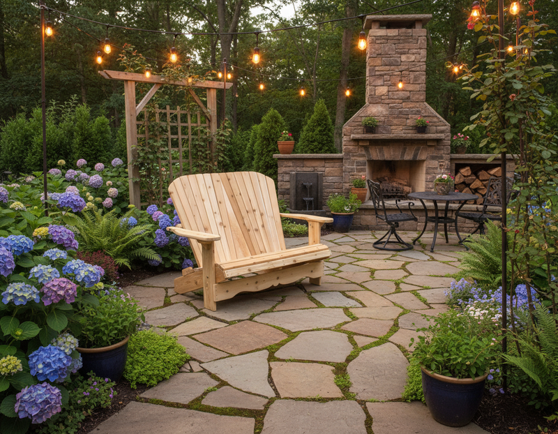 Wooden Royal Loveseat Adirondack Chair in Knotted Cedar, Unstained