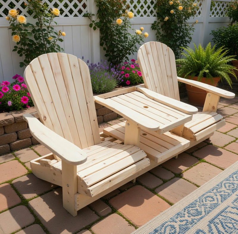 Wooden Double Royal Adirondack Chair in Knotted Pine, Unstained