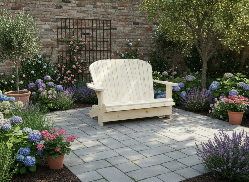 Wooden Royal Loveseat Adirondack Chair in Knotted Pine, Unstained