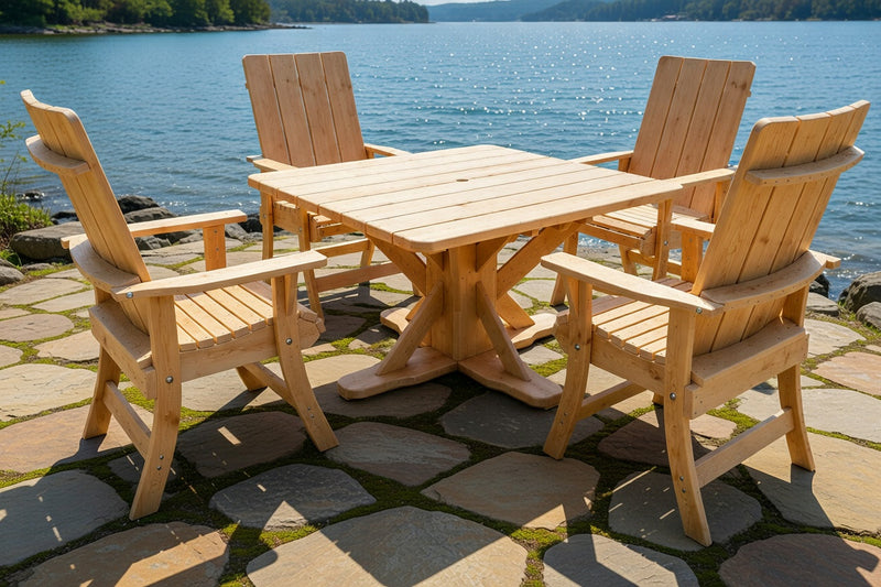 Wooden Modern Dining Set for 4 with Pedestal Table in Knotted Pine, Unstained