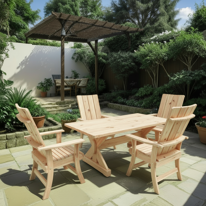 Wooden Modern Dining Set for 4 with 4' Table in Knotted Pine, Unstained