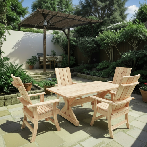 Wooden Modern Dining Set for 4 with 5' Table in Knotted Pine, Unstained