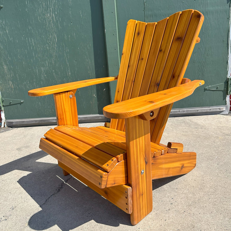 Wooden Customized Back Royal Adirondack Chair in Knotted Cedar, Golden Glossy, Wave Back