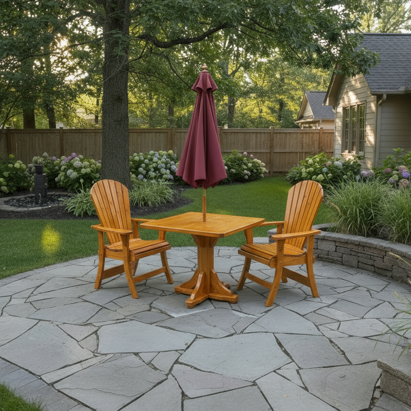 Dining Set for 2 with Pedestal Table in Knotted Cedar, Golden Glossy
