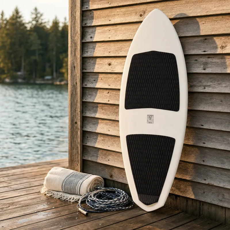 Fast & Loose Wake Surfboard – Carbon Fiber BPT on a lake dock at golden hour (AI-generated visualization)