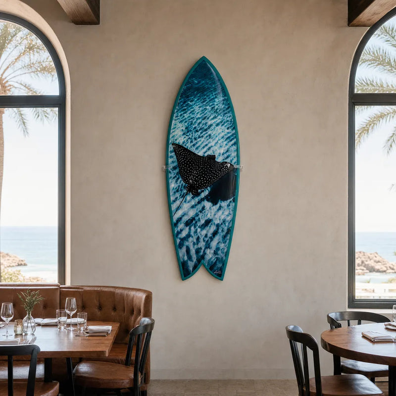 Flying Solo by Henry Bliss – Limited Edition Surfboard Art mounted on the wall of a high-end space (AI-generated visualization)