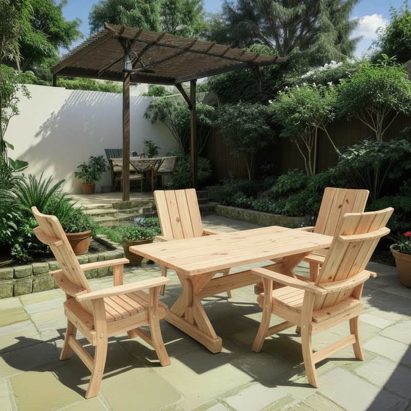 Wooden Modern Dining Set for 4 with 6' Table in Knotted Cedar, Unstained