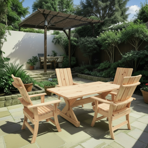 Wooden Modern Dining Set for 4 with 5' Table in Knotted Cedar, Unstained