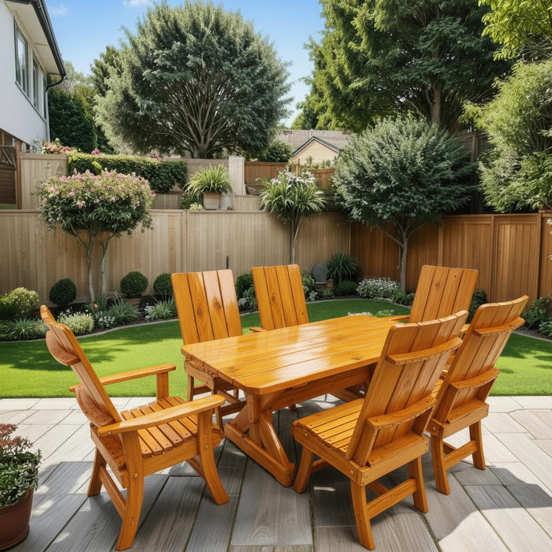 Wooden Modern Dining Set for 6 with 6' Table in Knotted Cedar, Golden Glossy