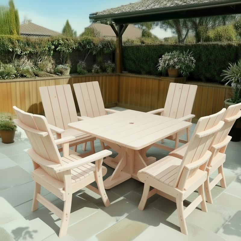 Wooden Modern Dining Set for 6 with Pedestal Table in Knotted Pine, Unstained