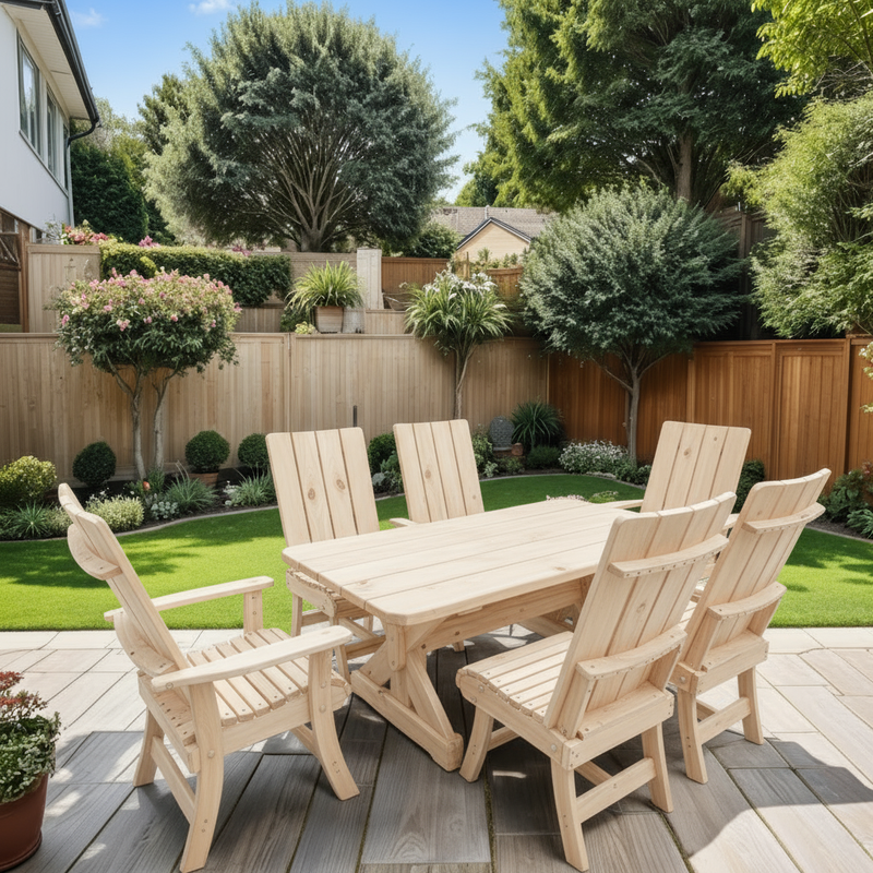 Wooden Modern Dining Set for 6 with 6' Table in Pine, Unstained